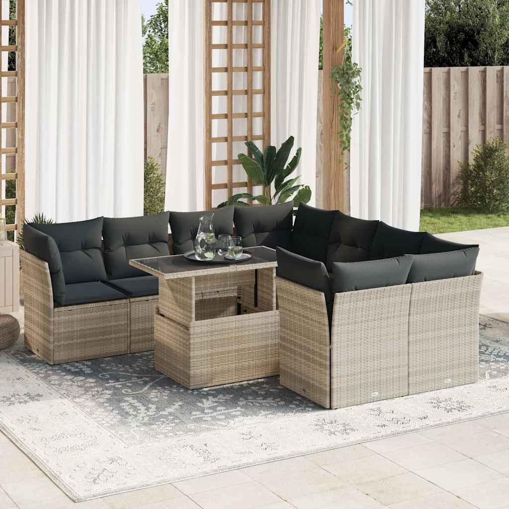 9-Tlg. Garten-Sofagarnitur Mit Kissen Beige Poly Rattan