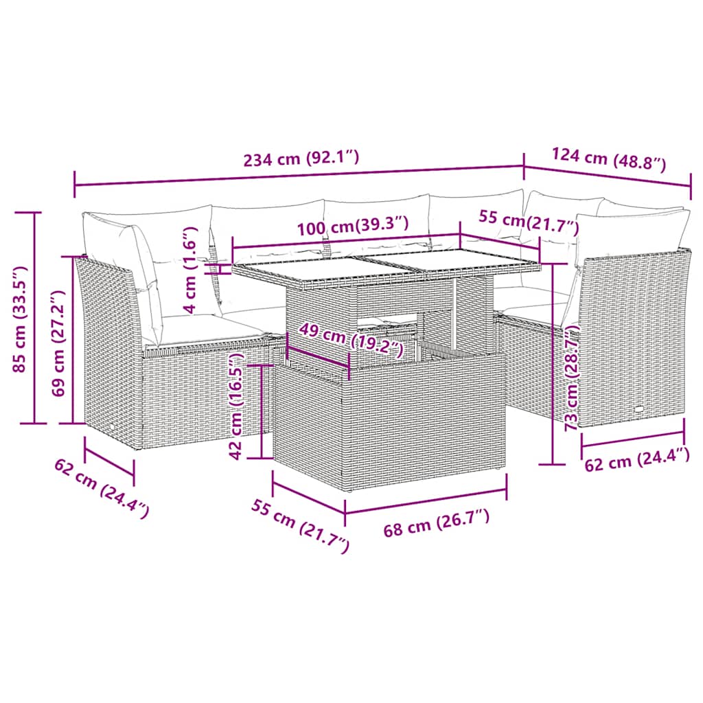 6-Tlg. Garten-Sofagarnitur Mit Kissen Poly Rattan Akazie