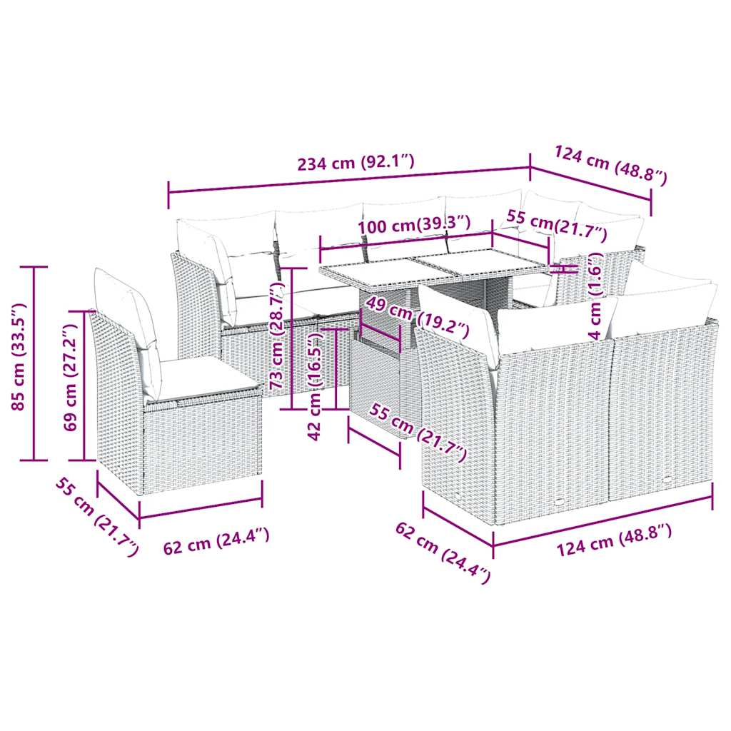 9-Tlg. Garten-Sofagarnitur Mit Kissen Poly Rattan
