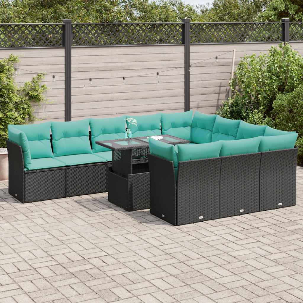11-Tlg. Garten-Sofagarnitur Mit Kissen Poly Rattan Akazie
