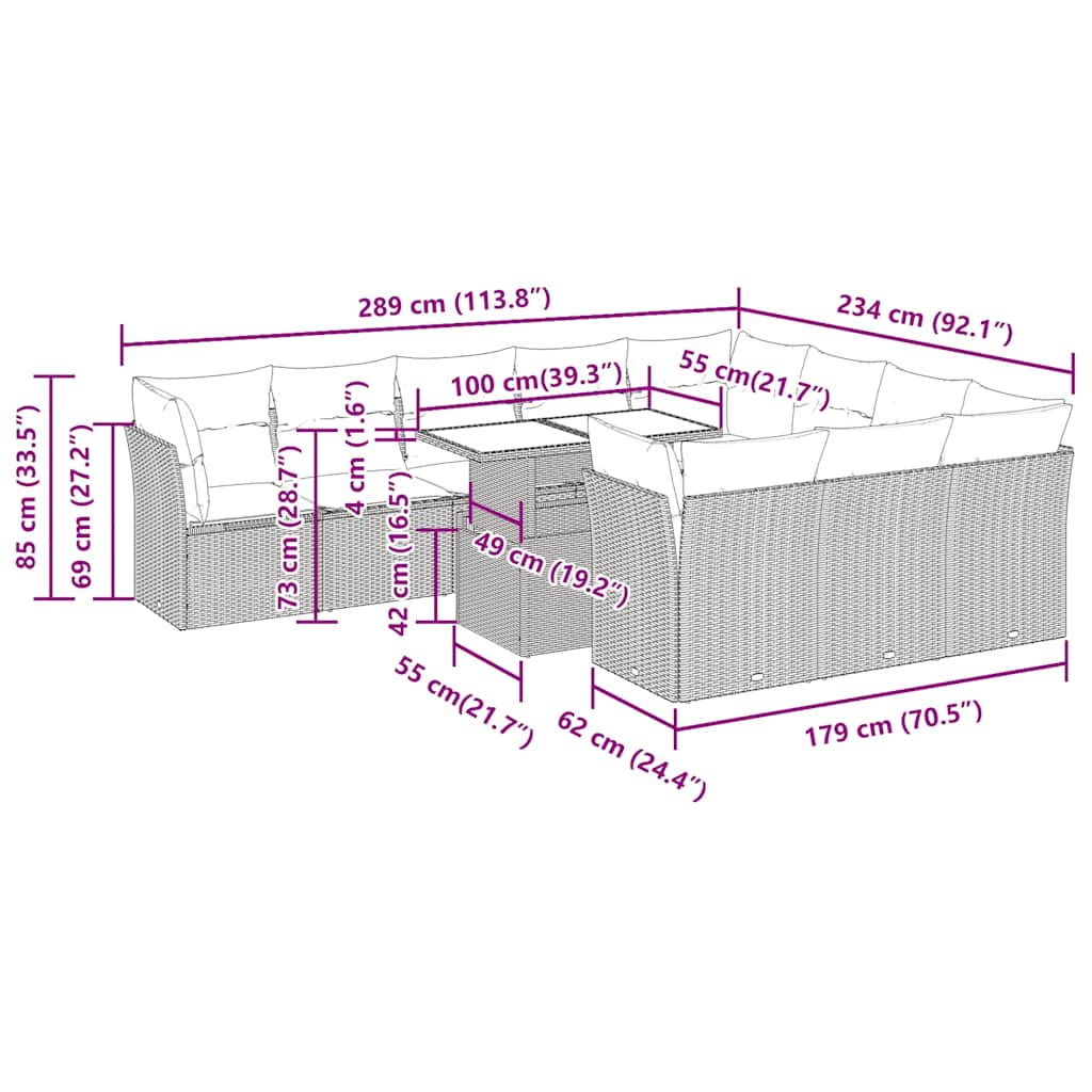 11-Tlg. Garten-Sofagarnitur Mit Kissen Poly Rattan Akazie