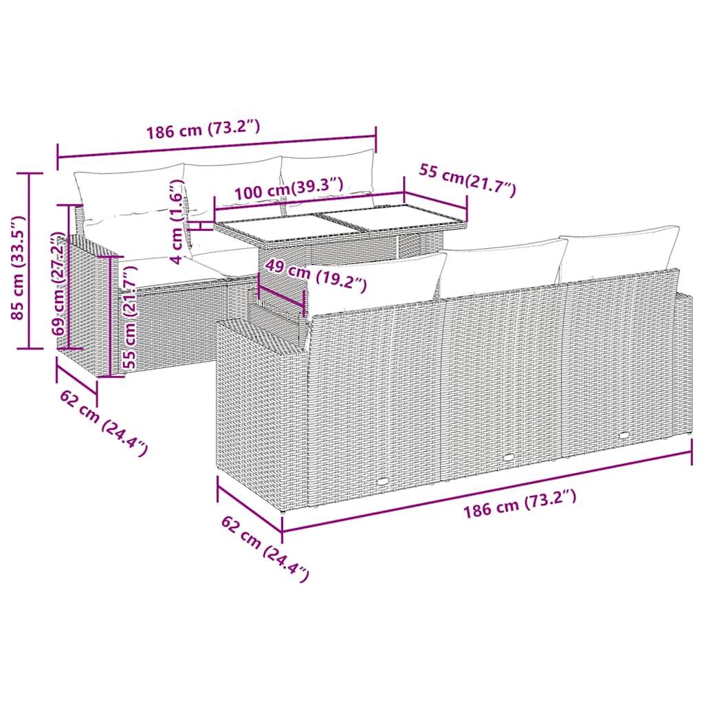 7-Tlg. Garten-Sofagarnitur Mit Kissen Poly Rattan