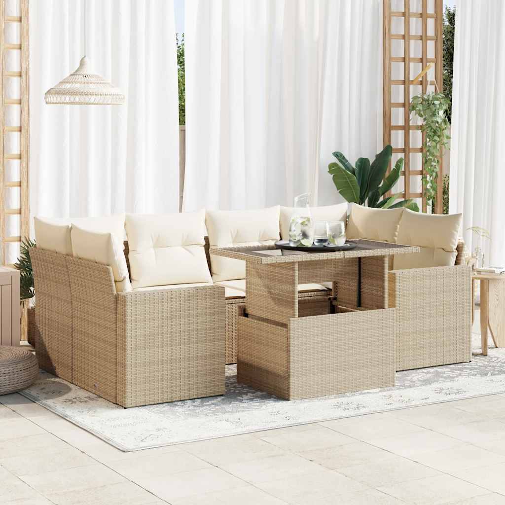 7-Tlg. Garten-Sofagarnitur Mit Kissen Beige Poly Rattan