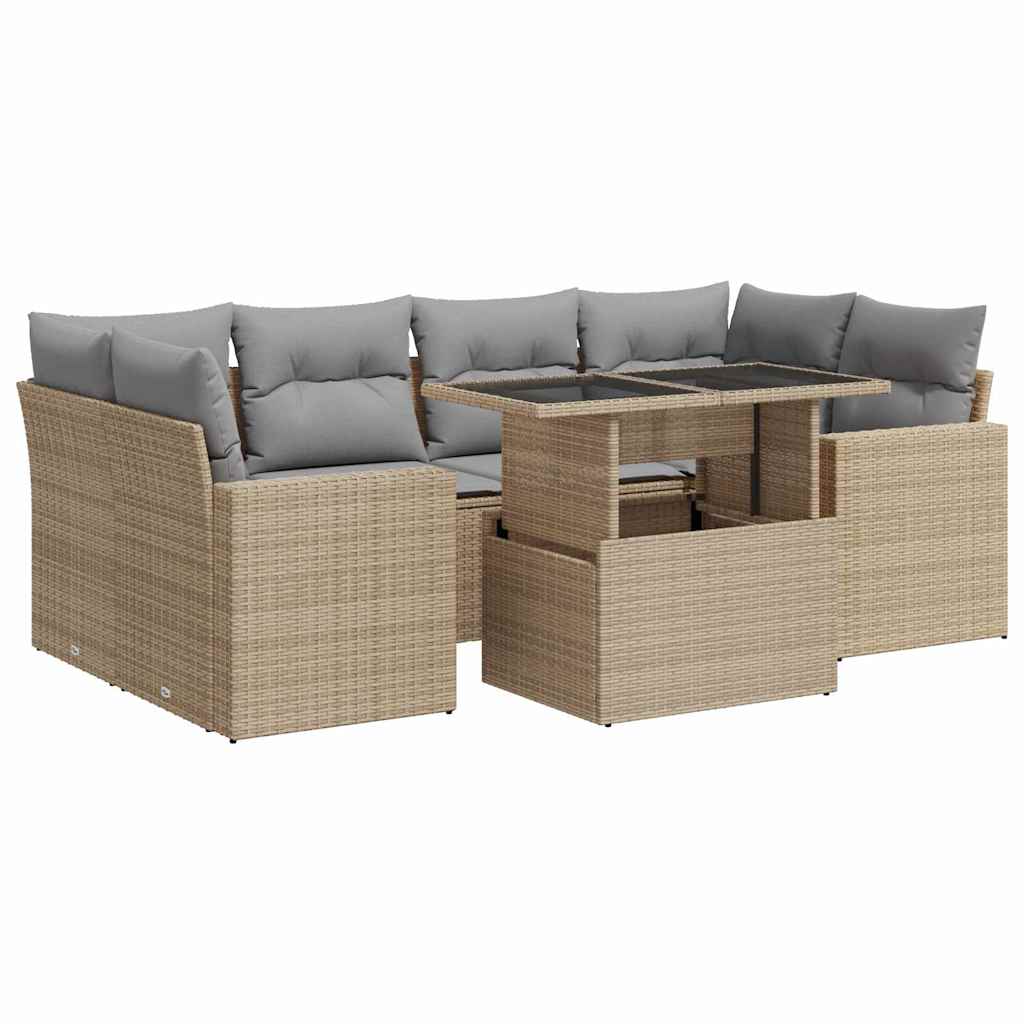 7-Tlg. Garten-Sofagarnitur Mit Kissen Beige Poly Rattan