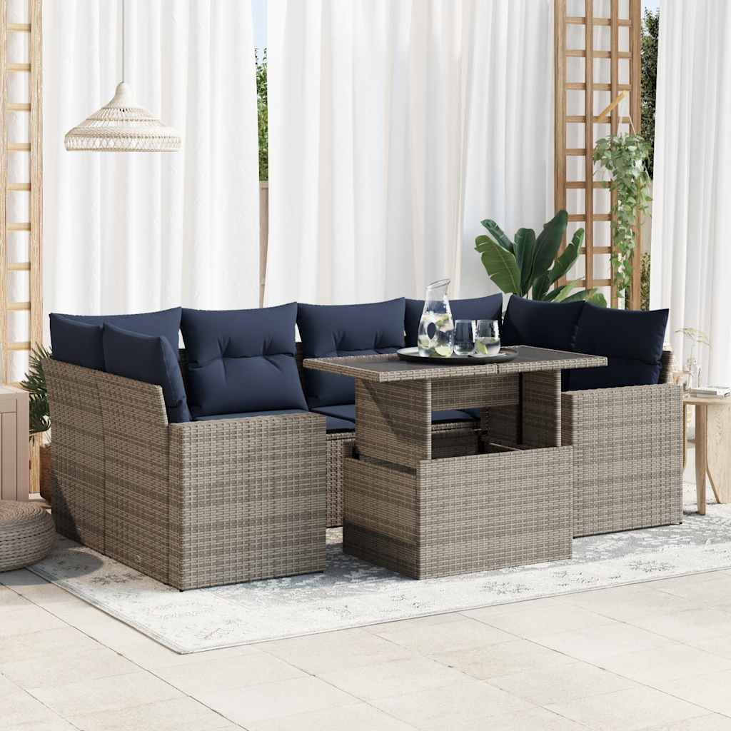 7-Tlg. Garten-Sofagarnitur Mit Kissen Poly Rattan Akazie
