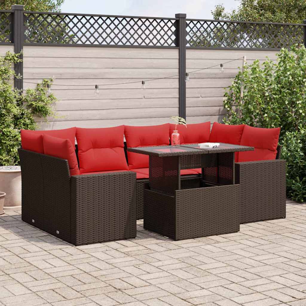 7-Tlg. Garten-Sofagarnitur Mit Kissen Poly Rattan Akazie