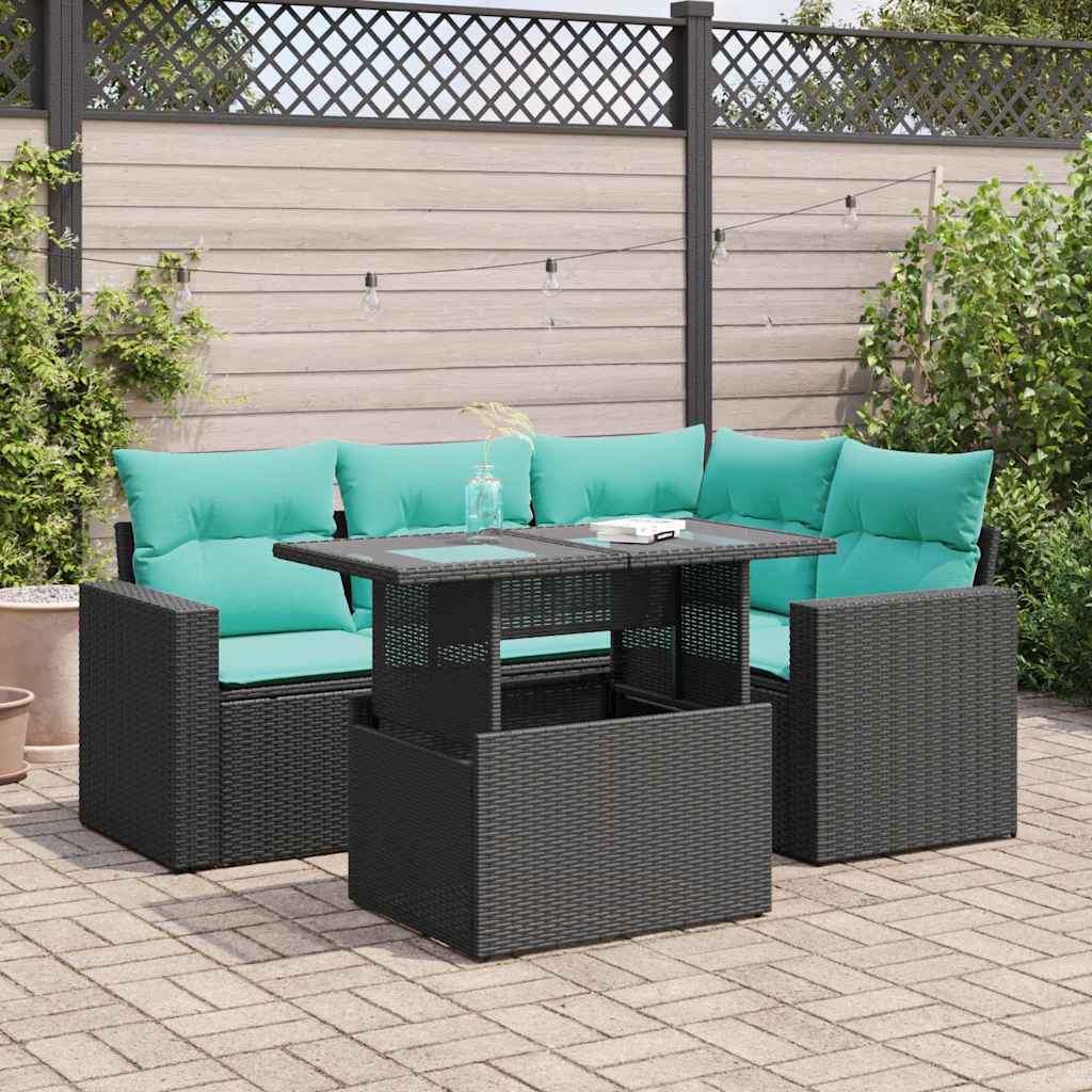 5Tlg. Garten-Sofagarnitur Mit Kissen Poly Rattan Akazie