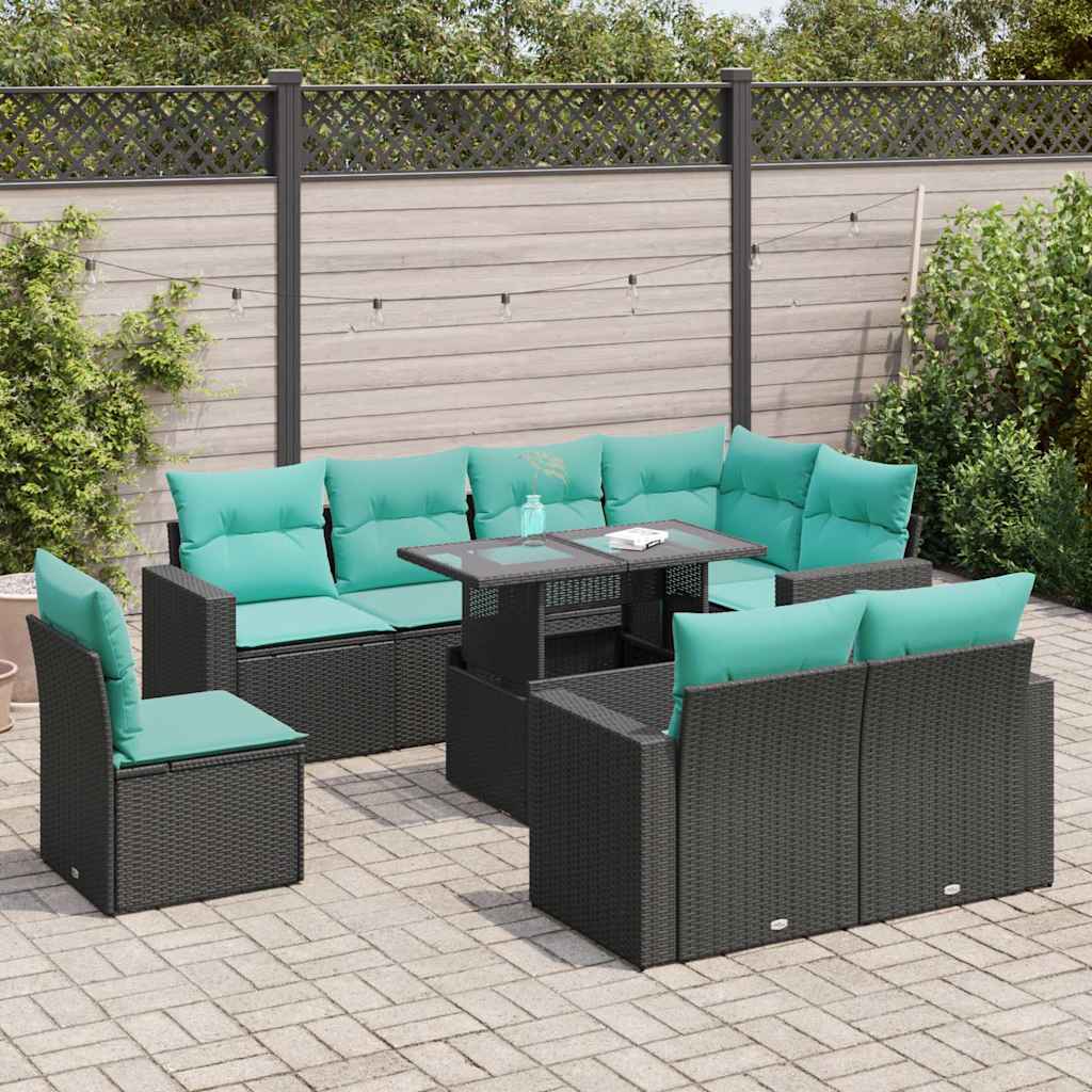 9-Tlg. Garten-Sofagarnitur Mit Kissen Poly Rattan Akazie