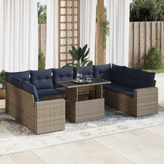 10-Tlg. Garten-Sofagarnitur Mit Kissen Poly Rattan Akazie