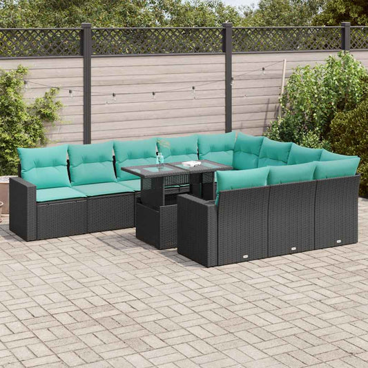 11-Tlg. Garten-Sofagarnitur Mit Kissen Poly Rattan Akazie