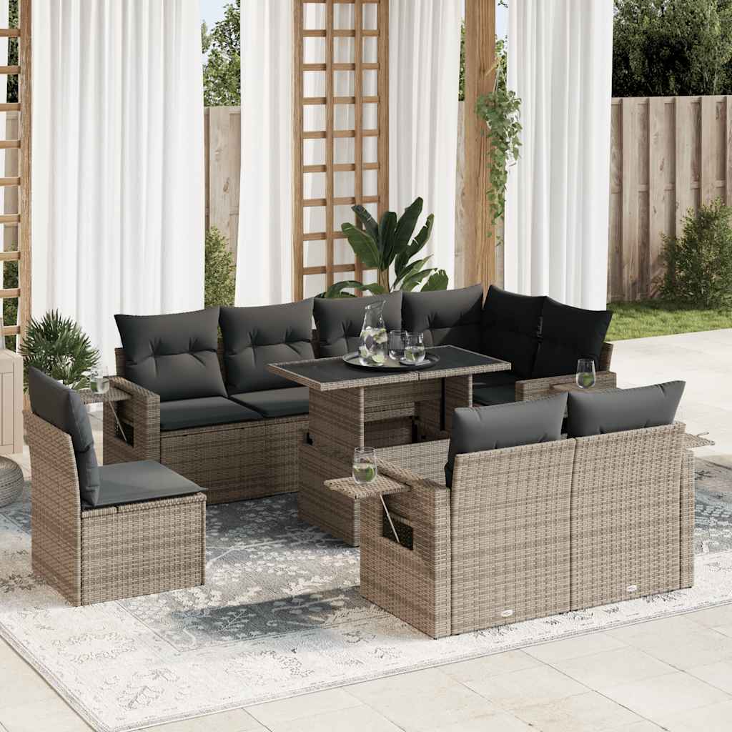 9-Tlg. Garten-Sofagarnitur Mit Kissen Beige Poly Rattan