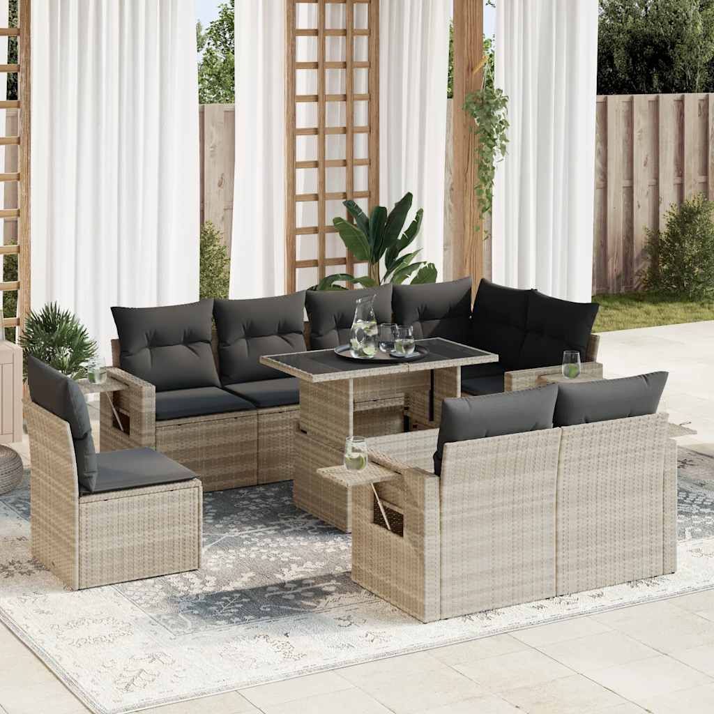 9-Tlg. Garten-Sofagarnitur Mit Kissen Beige Poly Rattan