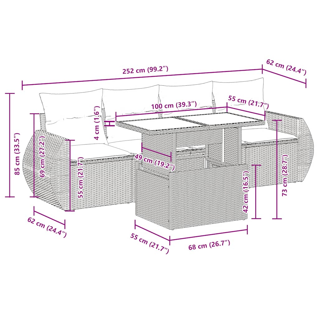 5-Tlg. Garten-Sofagarnitur Mit Kissen Poly Rattan Akazie