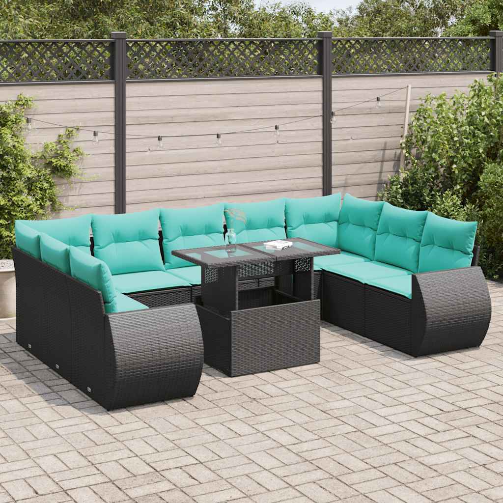 10-Tlg. Garten-Sofagarnitur Mit Kissen Poly Rattan Akazie
