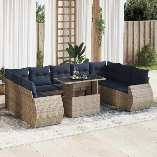 10-Tlg. Garten-Sofagarnitur Mit Kissen Poly Rattan Akazie