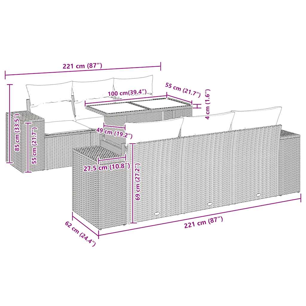 7-Tlg. Garten-Sofagarnitur Mit Kissen Poly Rattan Akazie