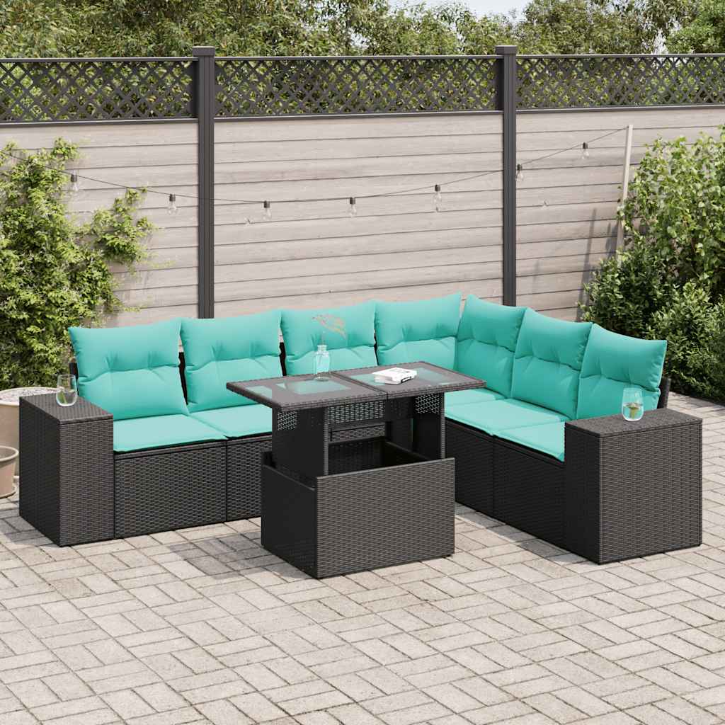 7-Tlg. Garten-Sofagarnitur Mit Kissen Poly Rattan Akazie
