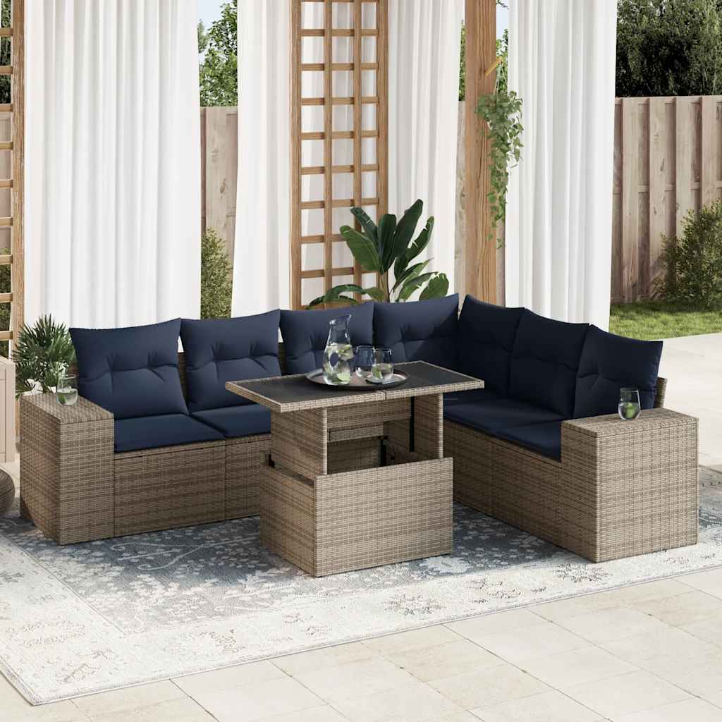 7-Tlg. Garten-Sofagarnitur Mit Kissen Poly Rattan Akazie