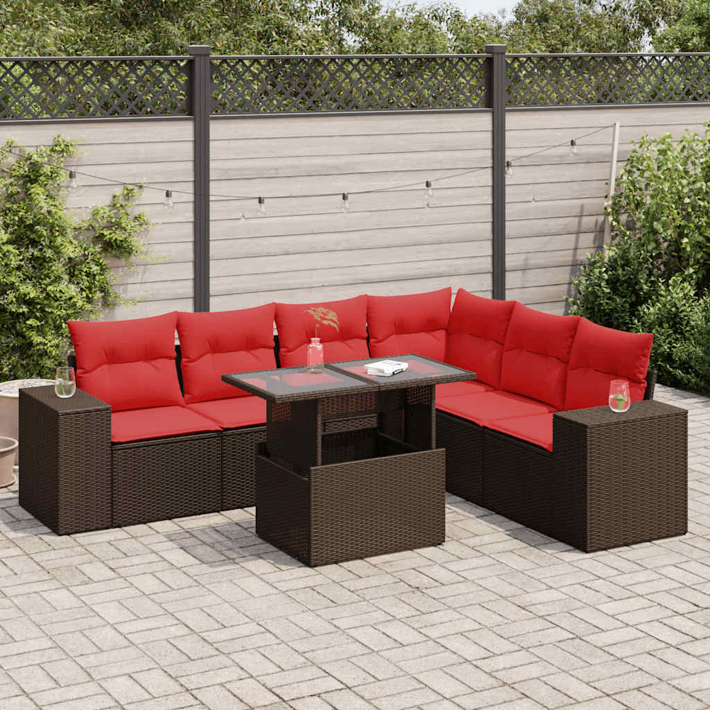 7-Tlg. Garten-Sofagarnitur Mit Kissen Poly Rattan Akazie