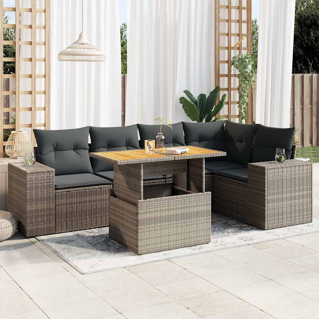 6-Tlg. Garten-Sofagarnitur Mit Kissen Grau Poly Rattan
