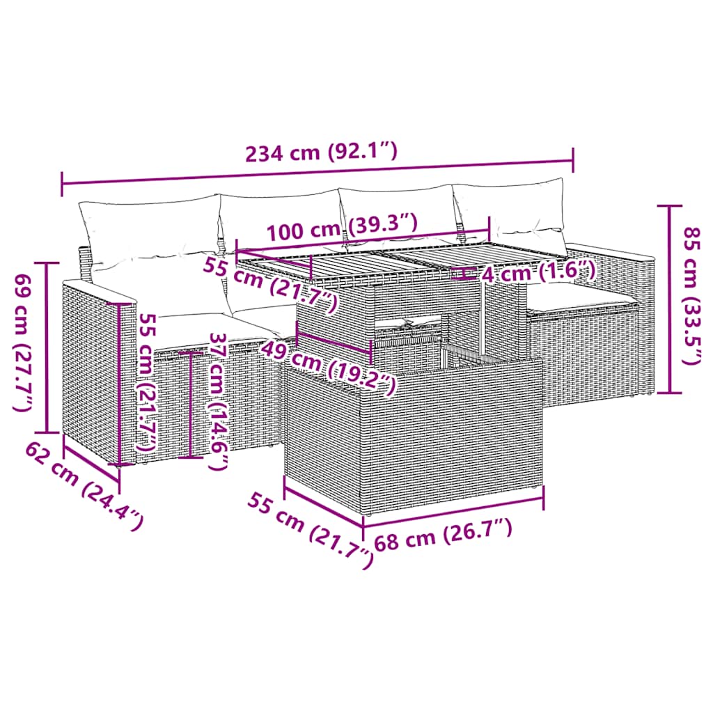 5-Tlg. Garten-Sofagarnitur Mit Kissen Poly Rattan