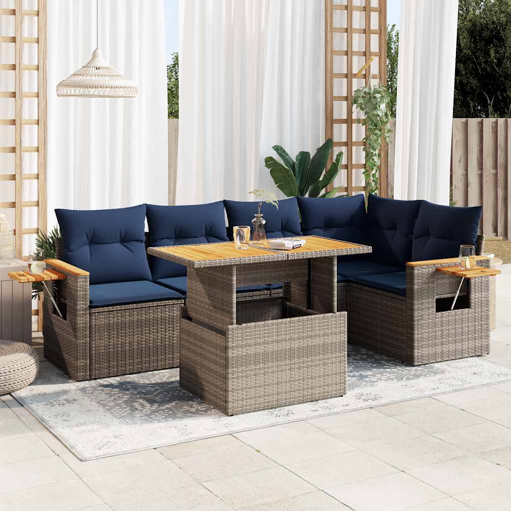 6-Tlg. Garten-Sofagarnitur Mit Kissen Poly Rattan Akazie