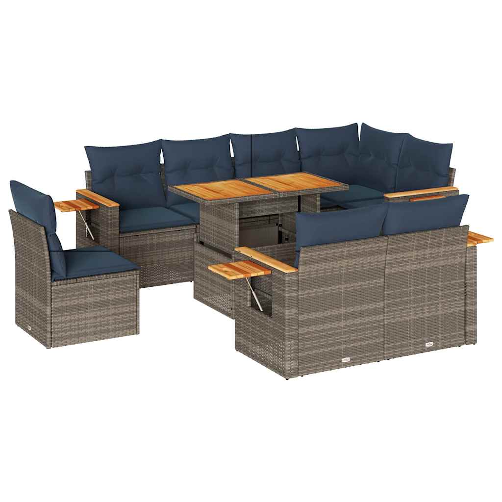 9-Tlg. Garten-Sofagarnitur Mit Kissen Poly Rattan Akazie