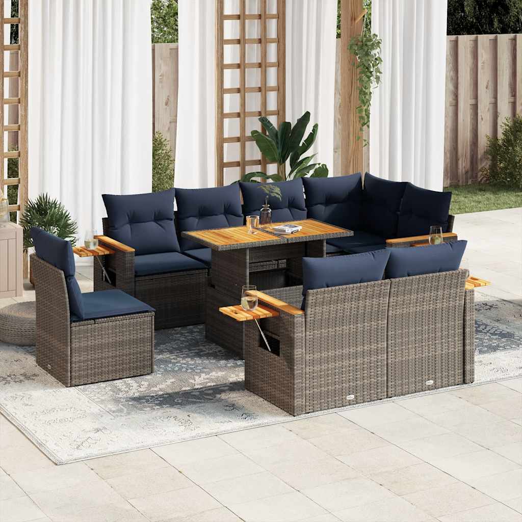 9-Tlg. Garten-Sofagarnitur Mit Kissen Poly Rattan Akazie