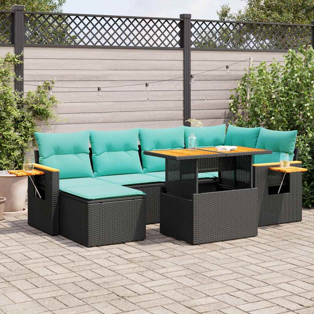 7-Tlg. Garten-Sofagarnitur Mit Kissen Braun Poly Rattan Akazie