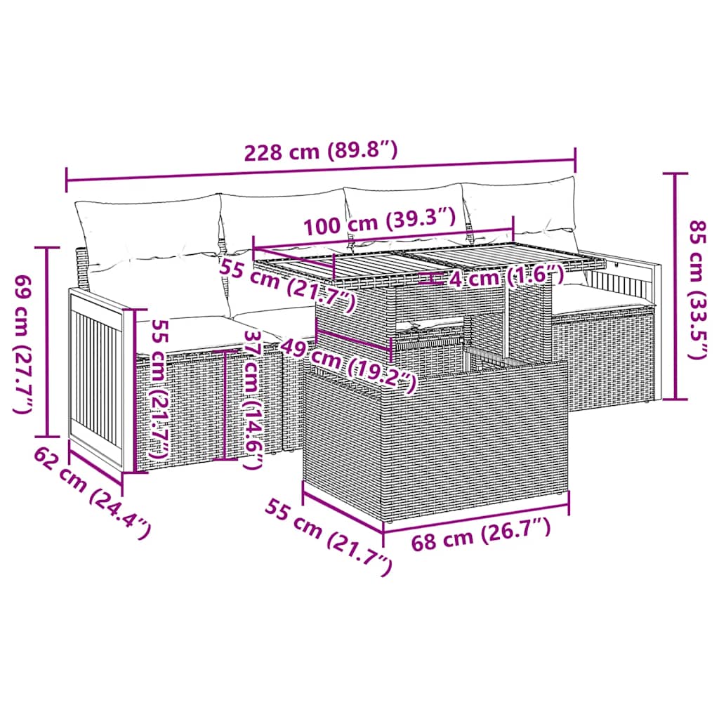 5Tlg. Garten-Sofagarnitur Mit Kissen Poly Rattan Akazie