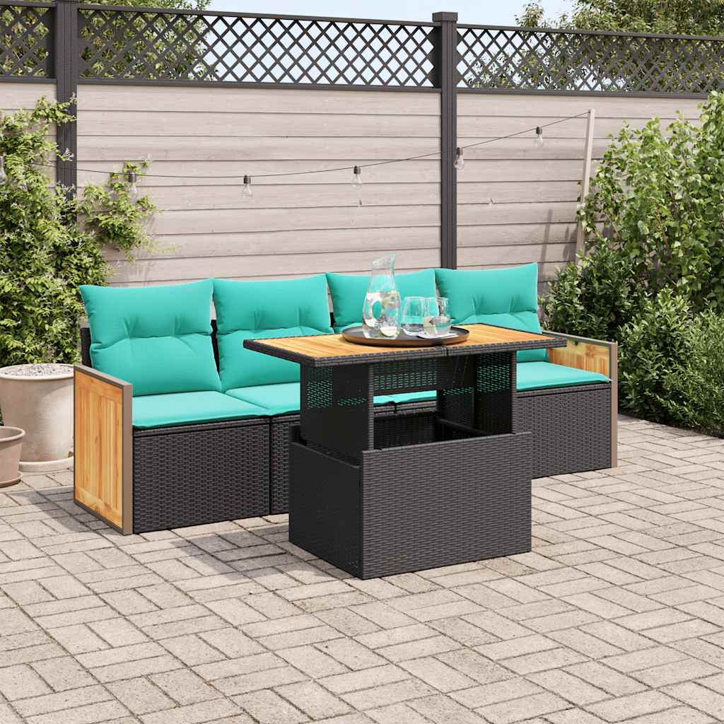5Tlg. Garten-Sofagarnitur Mit Kissen Poly Rattan Akazie