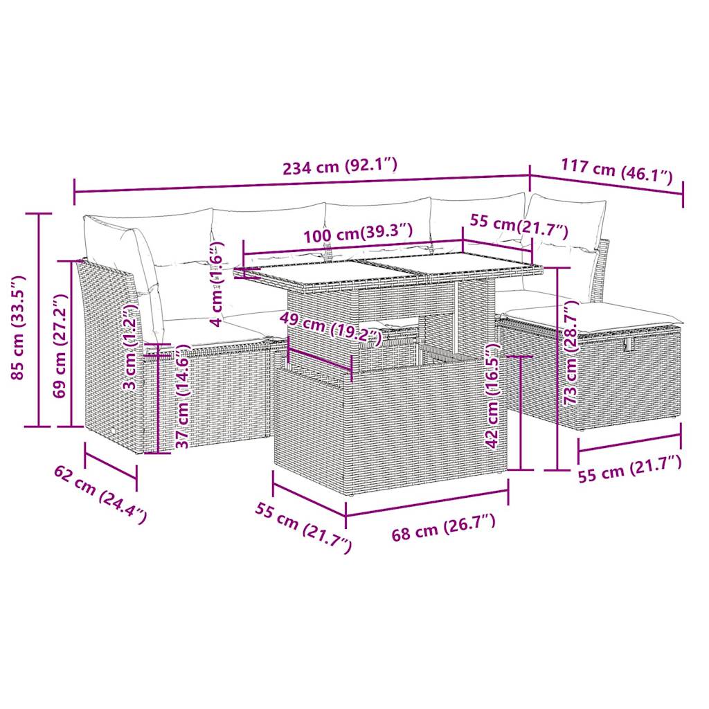 6-Tlg. Garten-Sofagarnitur Mit Kissen Poly Rattan