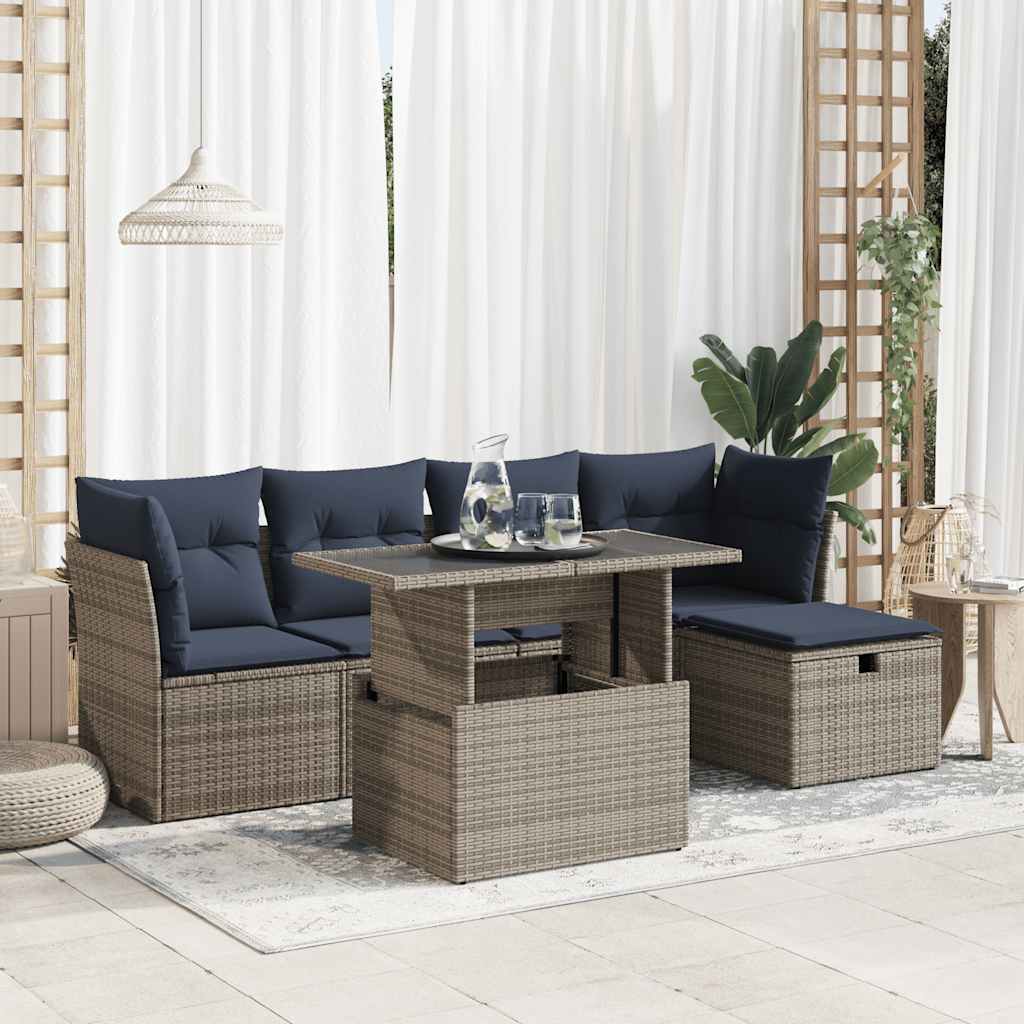 6-Tlg. Garten-Sofagarnitur Mit Kissen Poly Rattan Akazie