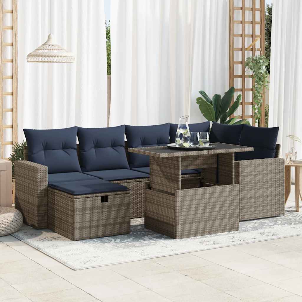 7-Tlg. Garten-Sofagarnitur Mit Kissen Poly Rattan Akazie