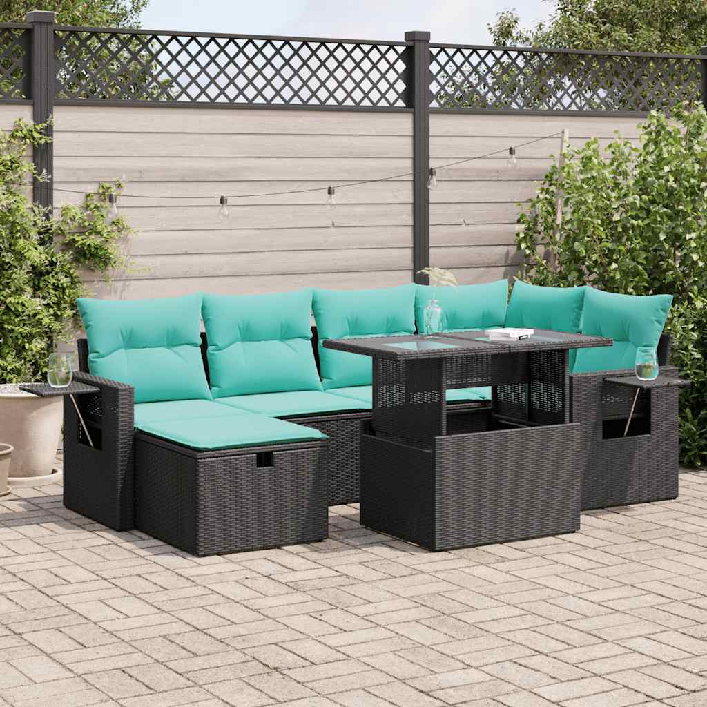 7-Tlg. Garten-Sofagarnitur Mit Kissen Poly Rattan Akazie