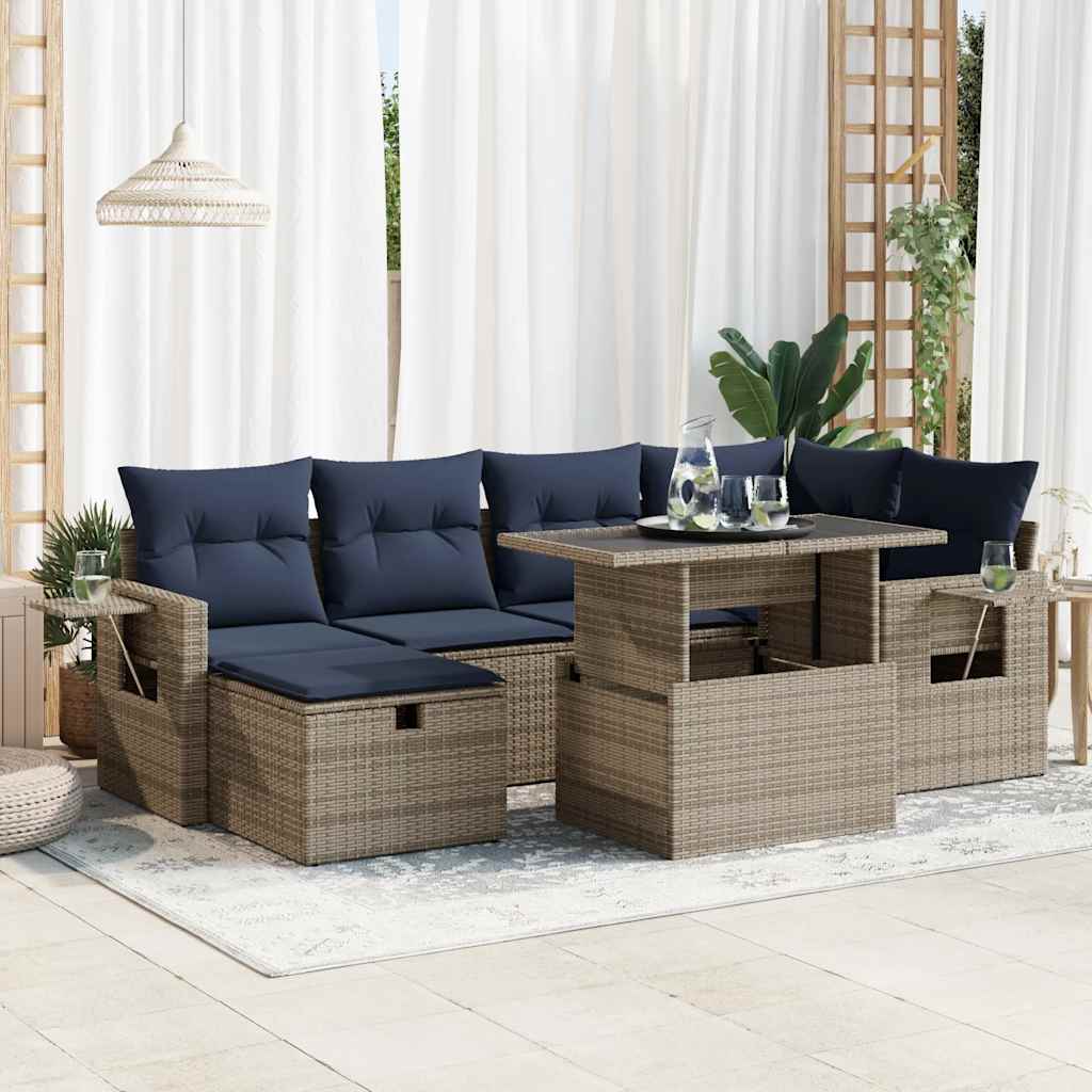 7-Tlg. Garten-Sofagarnitur Mit Kissen Poly Rattan Akazie