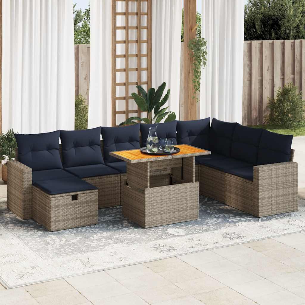 9-Tlg. Garten-Sofagarnitur Mit Kissen Poly Rattan Akazie
