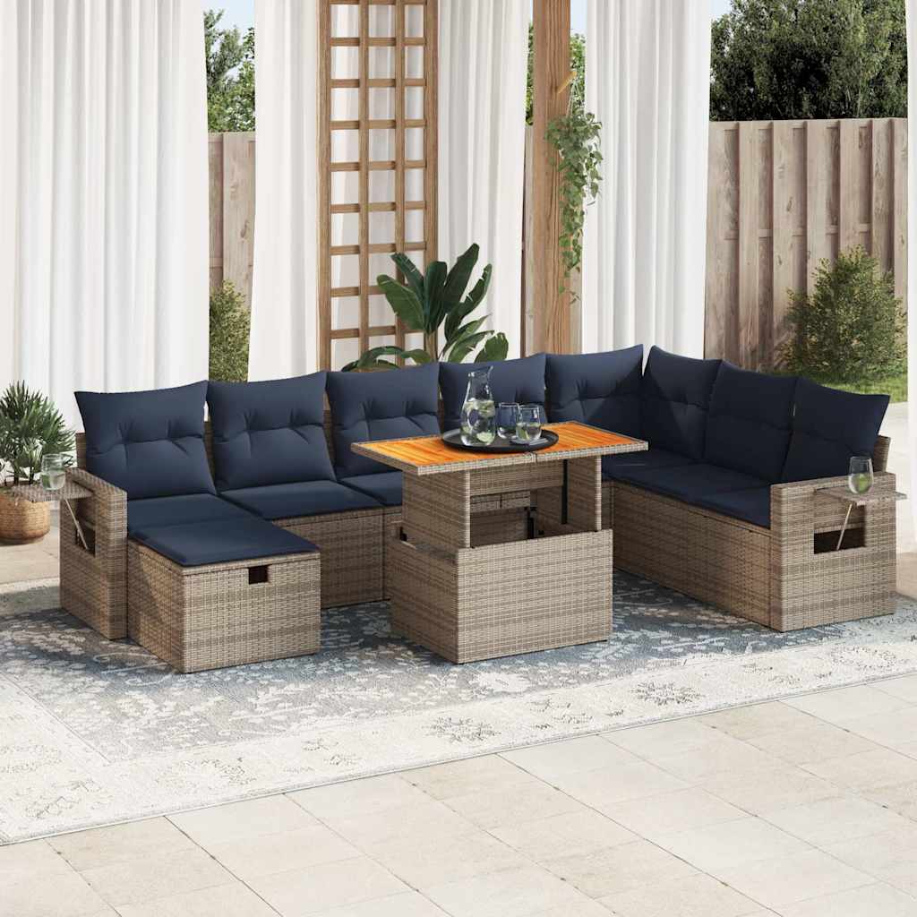 9-Tlg. Garten-Sofagarnitur Mit Kissen Poly Rattan Akazie