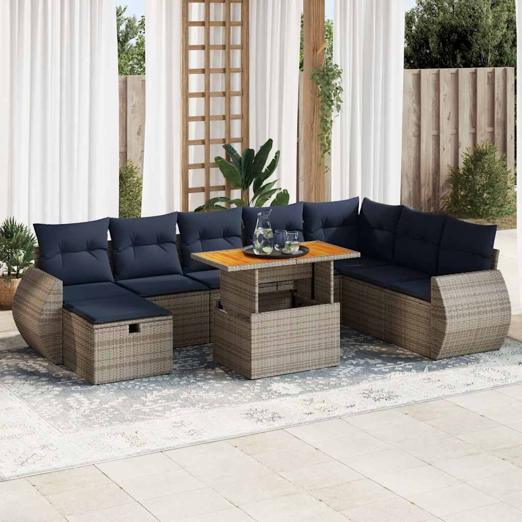 9-Tlg. Garten-Sofagarnitur Mit Kissen Grau Poly Rattan