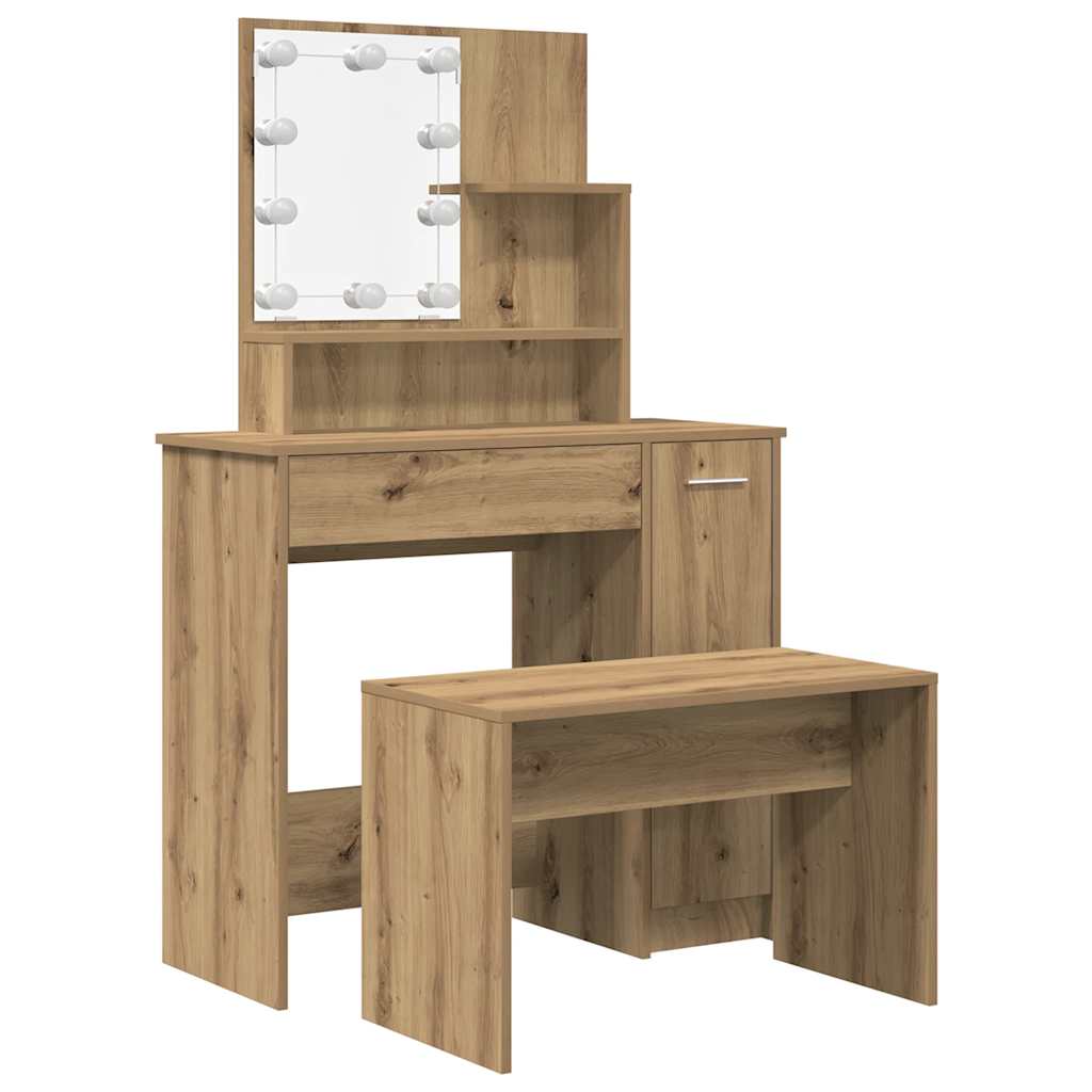 Schminktisch-Set Mit Led-Leuchten Artisan-Eiche Holzwerkstoff