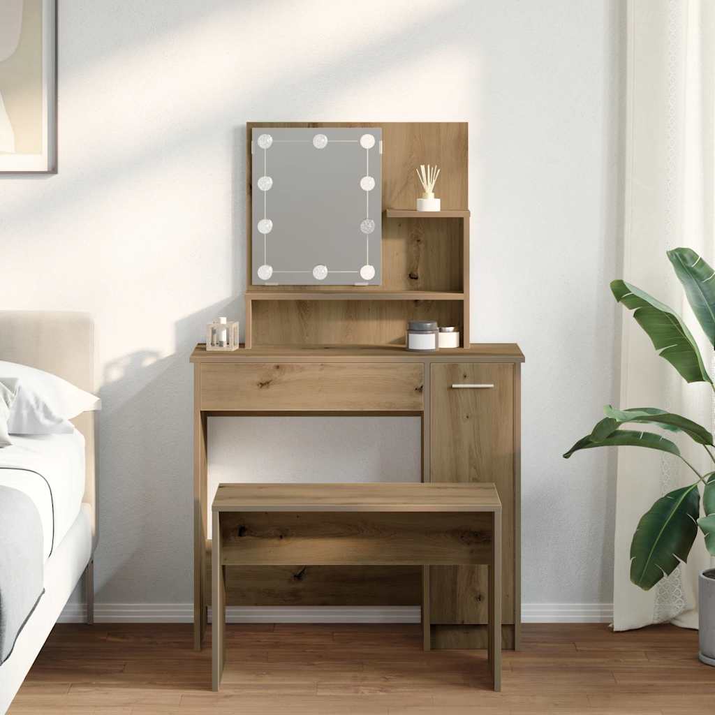 Schminktisch-Set Mit Led-Leuchten Artisan-Eiche Holzwerkstoff