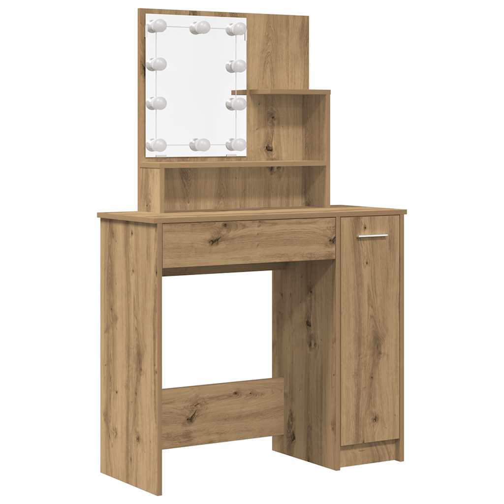 Schminktisch-Set Mit Led-Leuchten Artisan-Eiche Holzwerkstoff