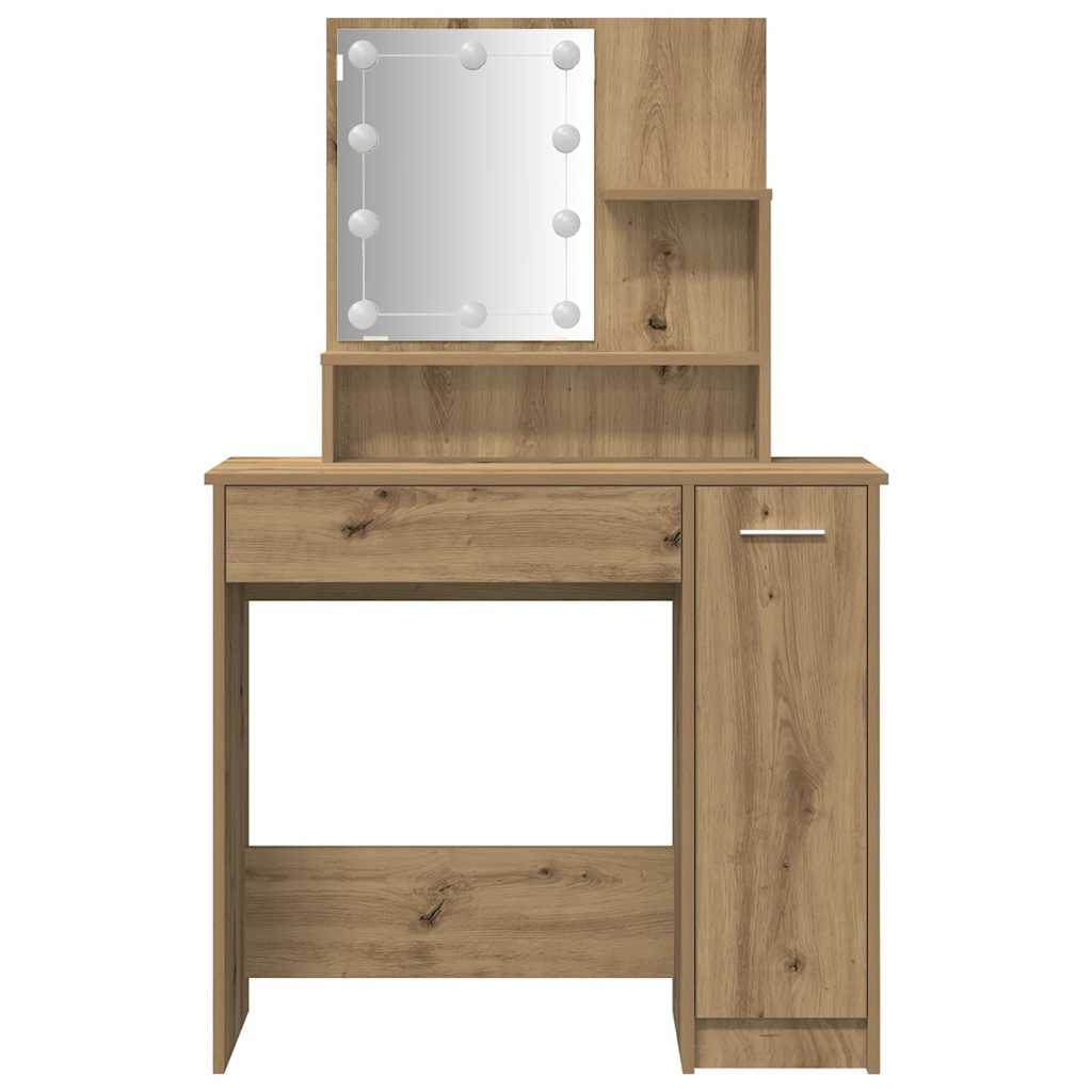 Schminktisch-Set Mit Led-Leuchten Artisan-Eiche Holzwerkstoff
