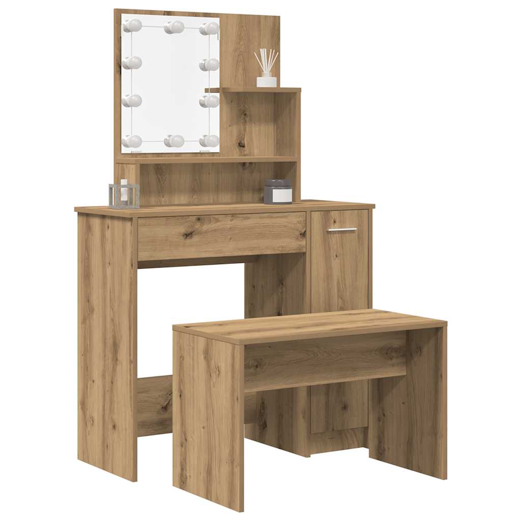 Schminktisch-Set Mit Led-Leuchten Artisan-Eiche Holzwerkstoff