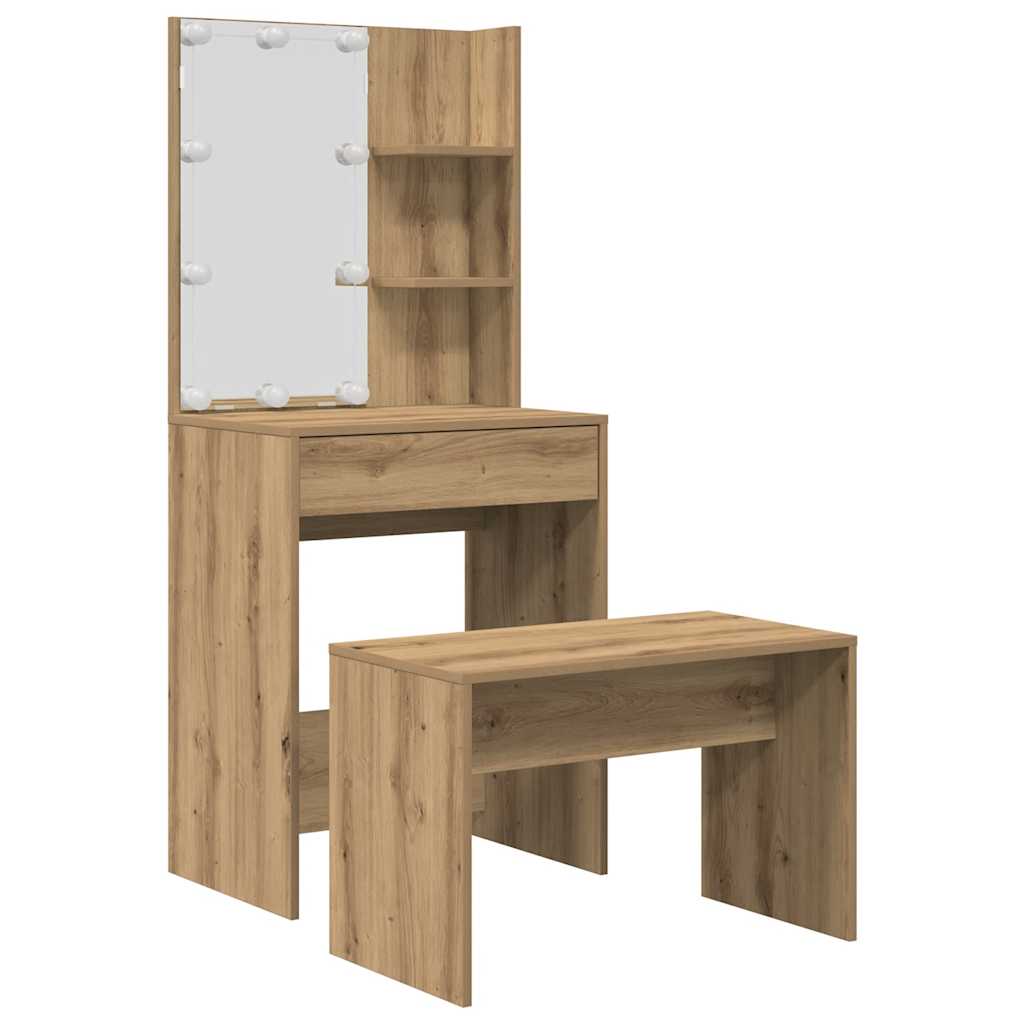 Schminktisch-Set Mit Led-Leuchten Artisan-Eiche Holzwerkstoff
