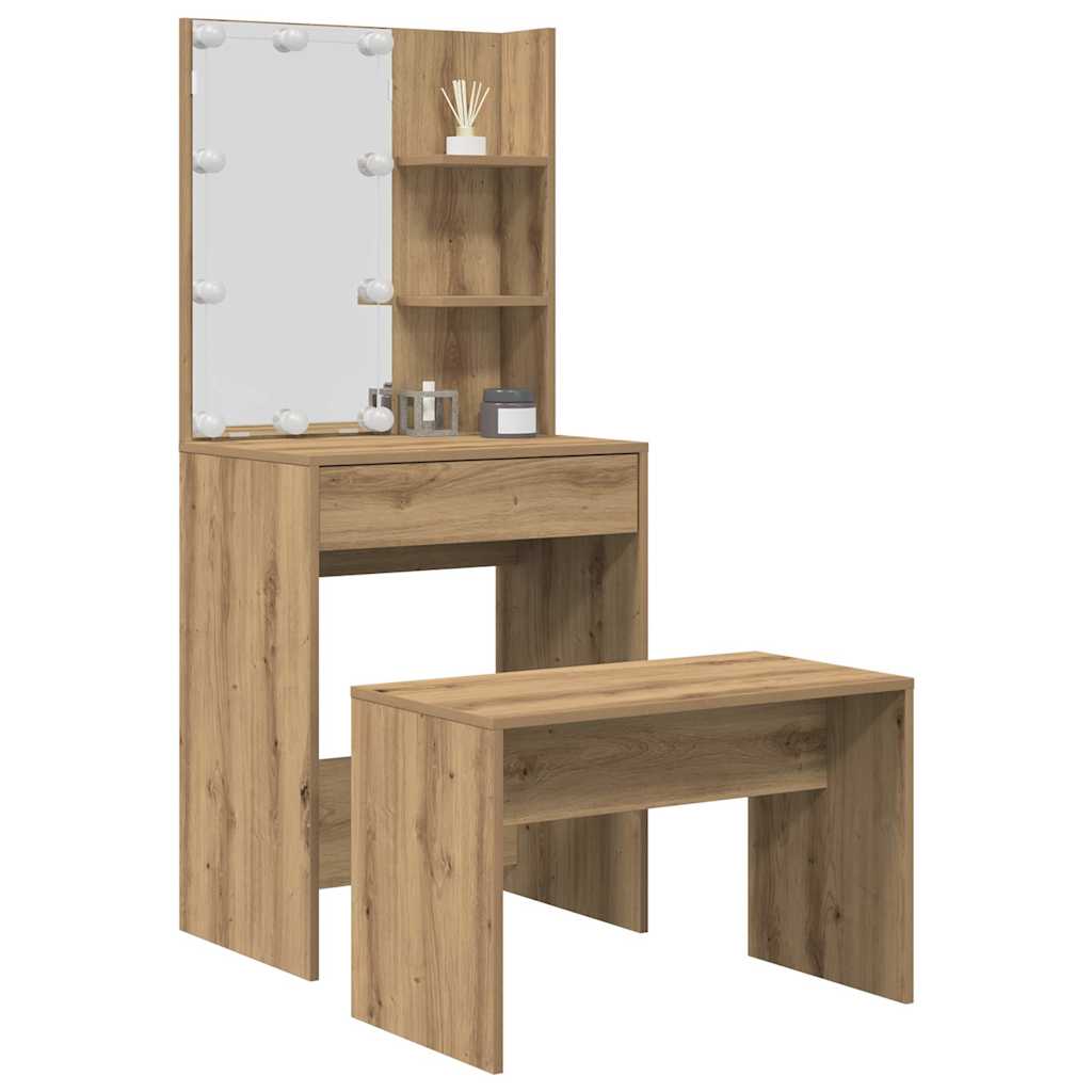 Schminktisch-Set Mit Led-Leuchten Artisan-Eiche Holzwerkstoff
