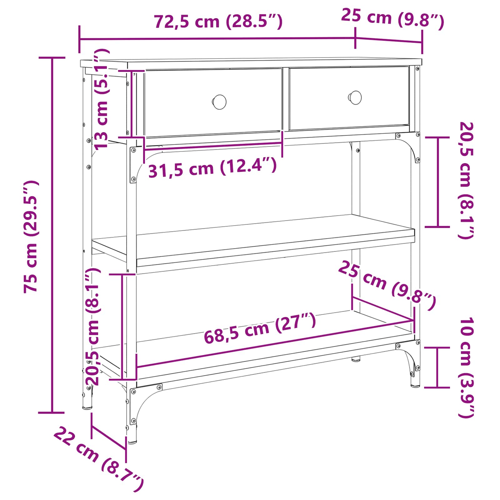 Konsolentisch Mit Regal 72,5 X 25 X 75 Cm Holzwerkstoff