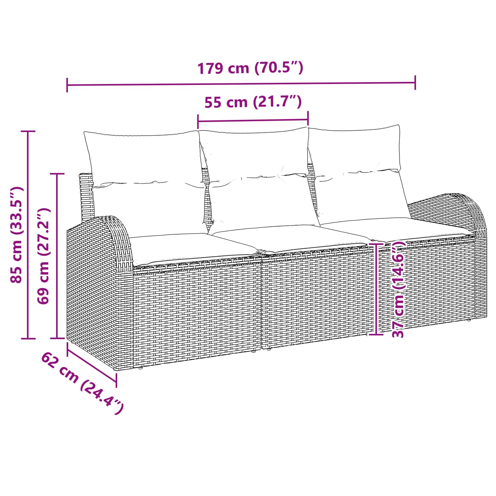 Garten-Sofa-Set 3 Pcs Poly Rattan