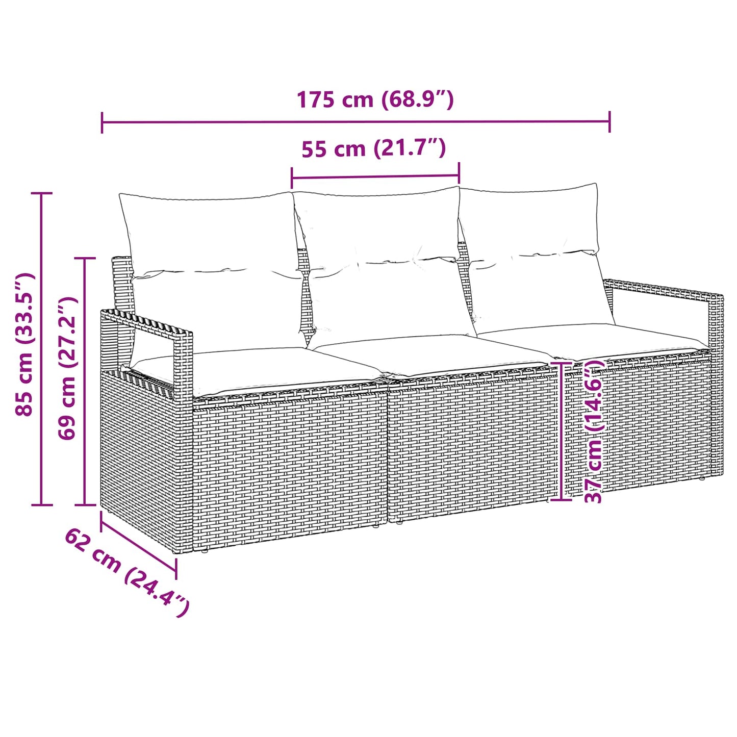 Gartensofa-Set Mit Kissen 3 Pcs Poly-Rattan