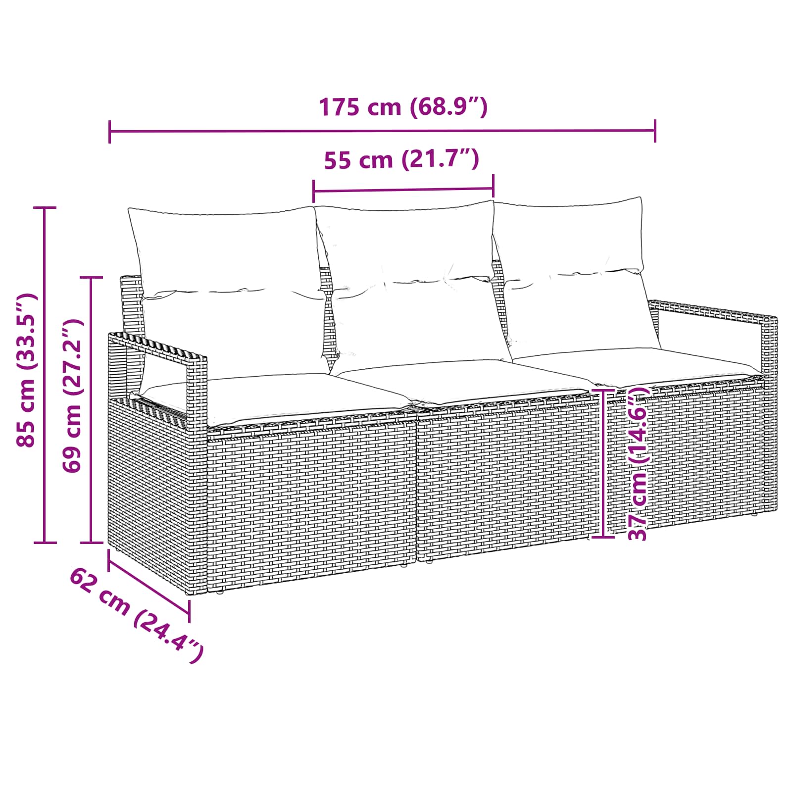 Gartensofa-Set Mit Kissen 3 Pcs Poly-Rattan